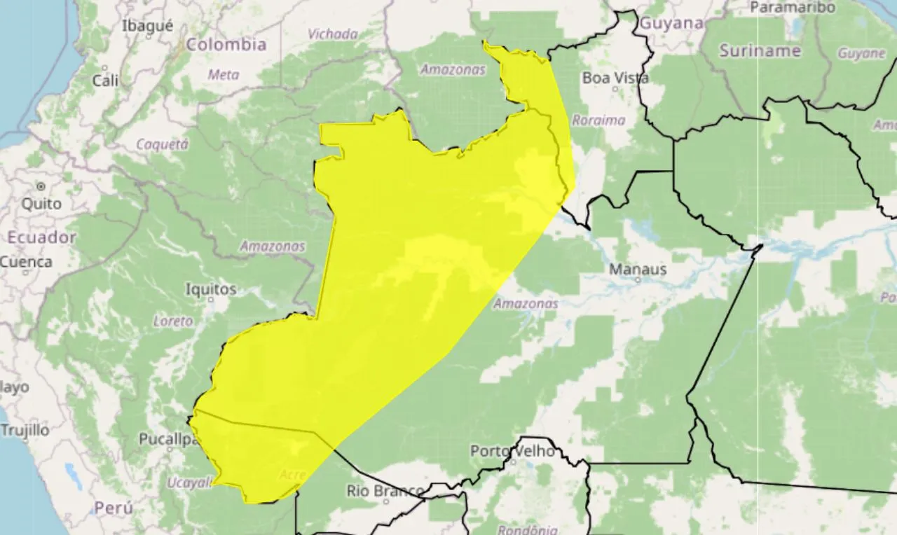 O mapa mostra as &aacute;reas em alerta amarelo para chuva intensa